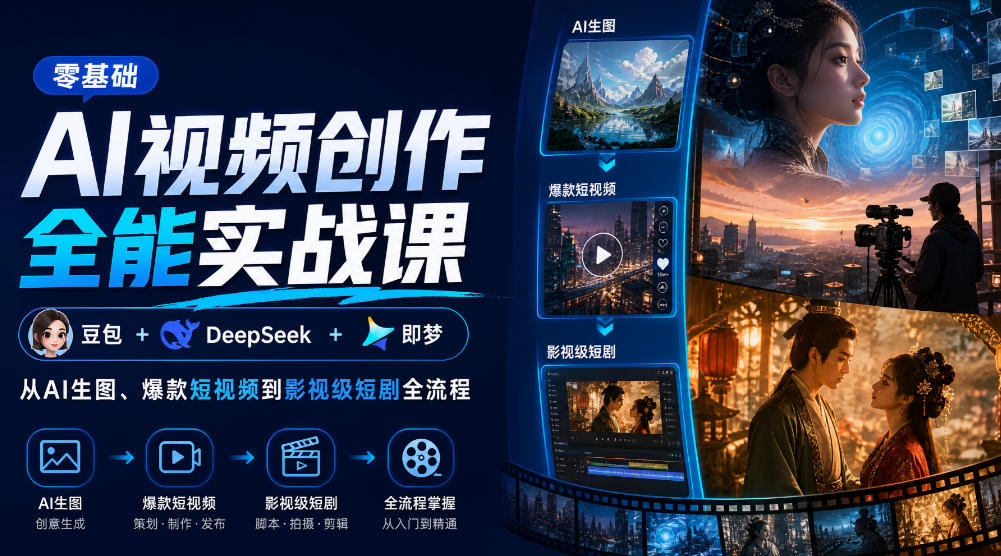 零基础AI视频创作全能实战课｜豆包+DeepSeek+即梦，从AI生图、爆款短视频到影视级短剧全流程-UUY