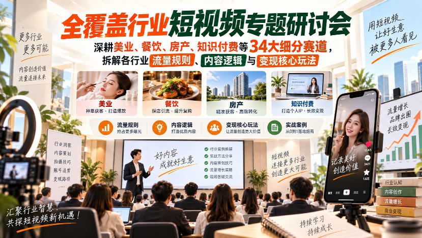 短视频专题研讨会，深耕美业、餐饮、房产、知识付费等34大细分赛道，拆解各行业流量规则、内容逻辑与变现核心玩法-UUY