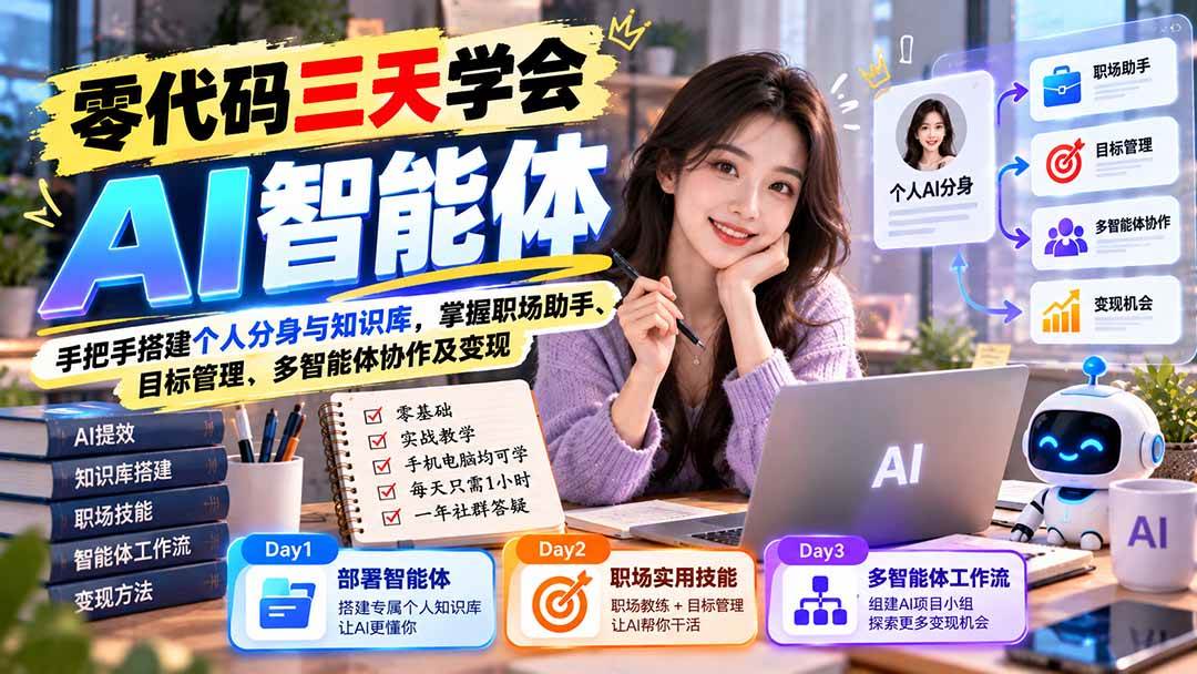 （20978期）【无水印】零代码三天学会AI智能体：手把手搭建个人分身与知识库，掌握职场助手、目标管理、多智能体协作及变现-UUY