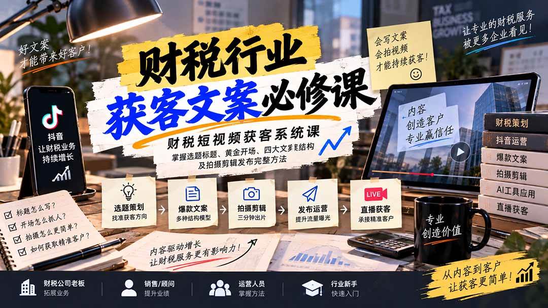 （20591期）财税短视频获客系统课：掌握选题标题、黄金开场、四大文案结构及拍摄剪辑发布完整方法-UUY