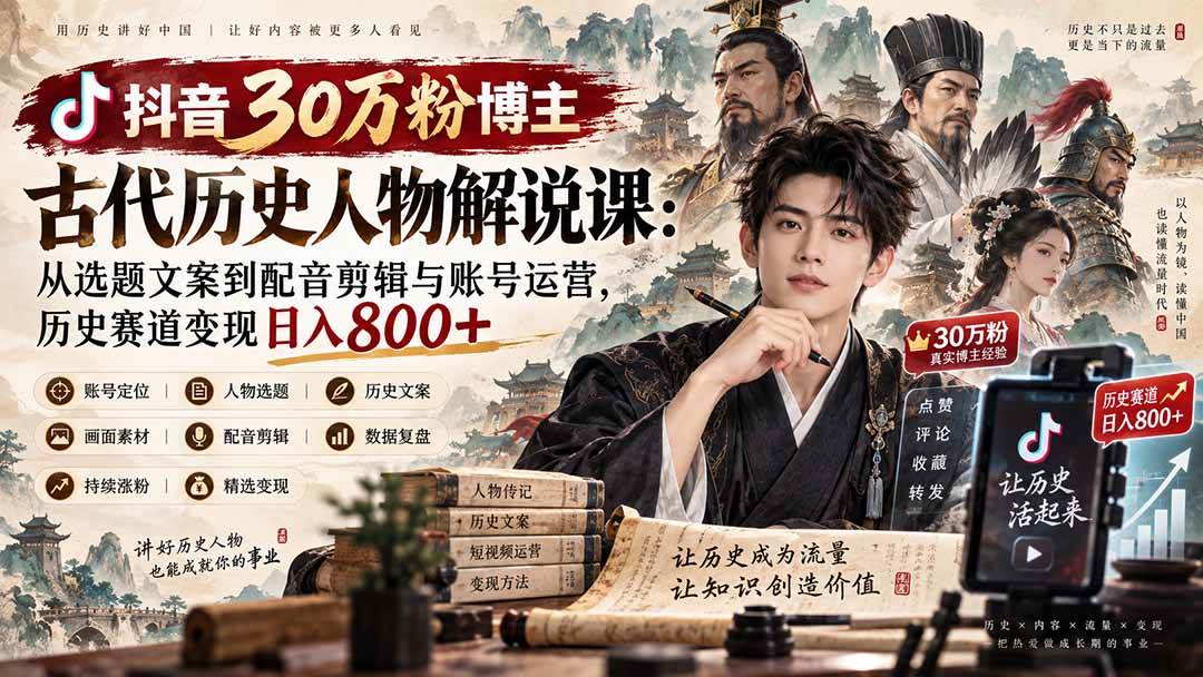 （20441期）抖音30万粉博主古代历史人物解说课：从选题文案到配音剪辑与账号运营，历史赛道变现日入800+-UUY