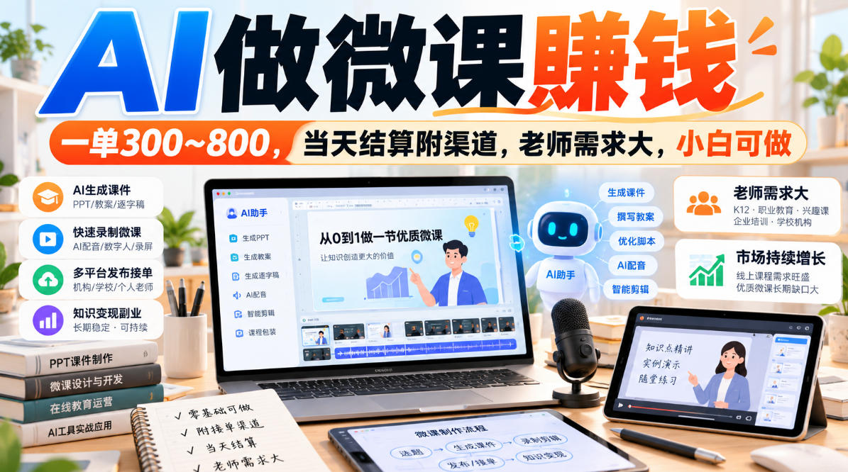 AI做微课賺钱，一单300~800，当天结算附渠道，老师需求大，小白可做-UUY