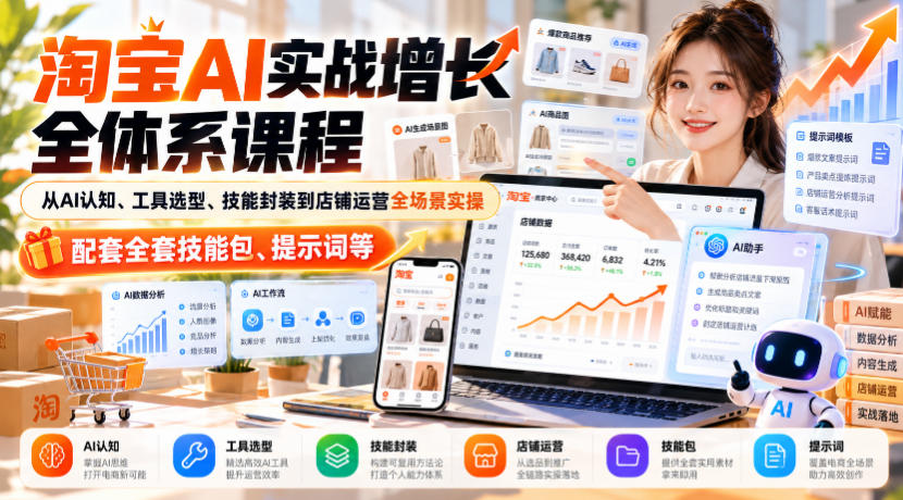 淘宝AI实战增长全体系课程，从AI认知、工具选型、技能封装到店铺运营全场景实操，配套全套技能包、提示词等-UUY