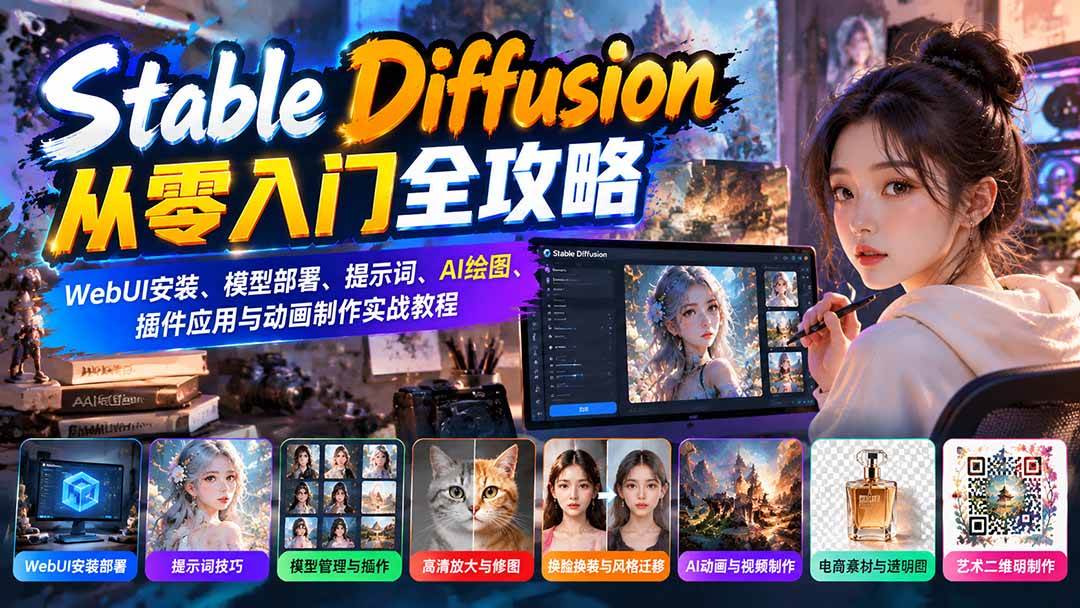 （21062期）Stable Diffusion从零入门全攻略：WebUI安装、模型部署、提示词、AI绘图、插件应用与动画制作实战教程-UUY