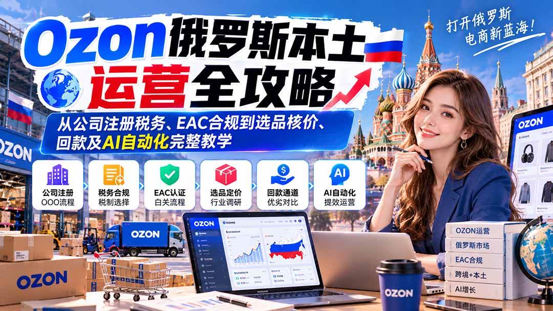（20851期）Ozon俄罗斯本土运营全攻略：从公司注册税务、EAC合规到选品核价、回款及AI自动化完整教学-UUY