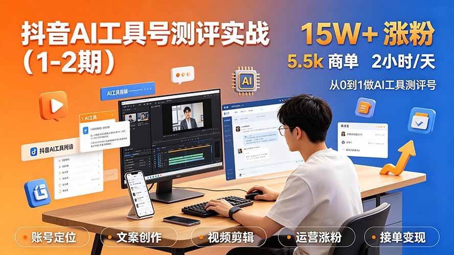 （19380期）抖音AI工具号测评实战（1-2期）：单号涨粉15W+×商单5.5k×伙伴计划×普通人可复制，每天2小时长期可持续-UUY