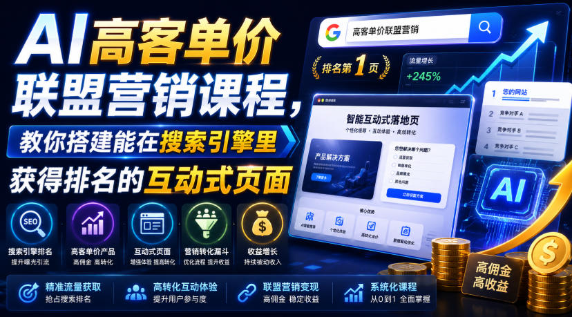 AI高客单价联盟营销课程，教你搭建能在搜索引擎里获得排名的互动式页面，引来流量，把访客转化为高佣金的成交【原创双语字幕】-UUY