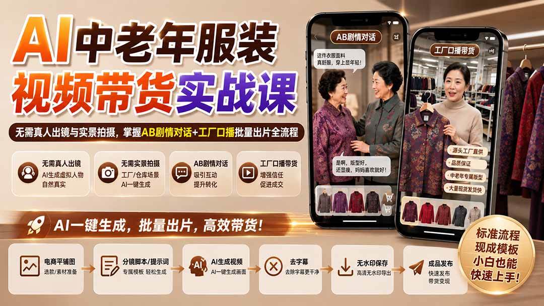 （20198期）AI中老年服装视频带货实战课：无需真人出镜与实景拍摄，掌握AB剧情对话+工厂口播批量出片全流程-UUY