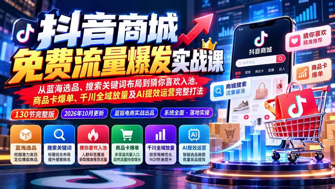 （20959期）抖音商城免费流量爆发实战：从蓝海选品、搜索关键词布局到猜你喜欢入池、商品卡爆单、千川全域放量及AI提效完整打法-UUY