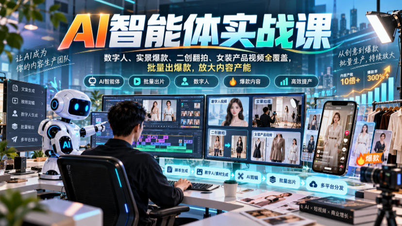 AI智能体实战课，数字人、实景爆款、二创翻拍、女装产品视频全覆盖，批量出爆款，放大内容产能-UUY