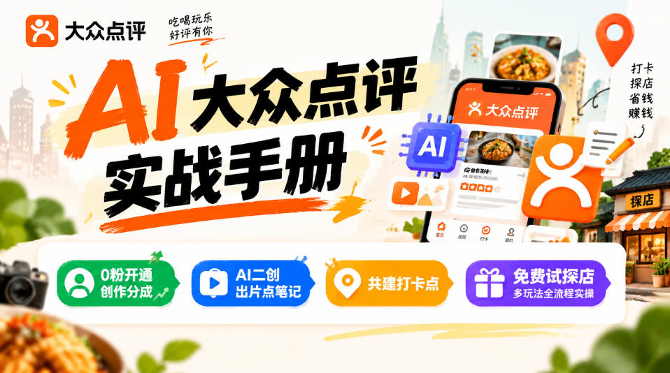 某局的AI大众点评实战手册，0粉开通创作分成、AI二创出片点笔记、共建打卡点、免费试探店多玩法全流程实操-UUY
