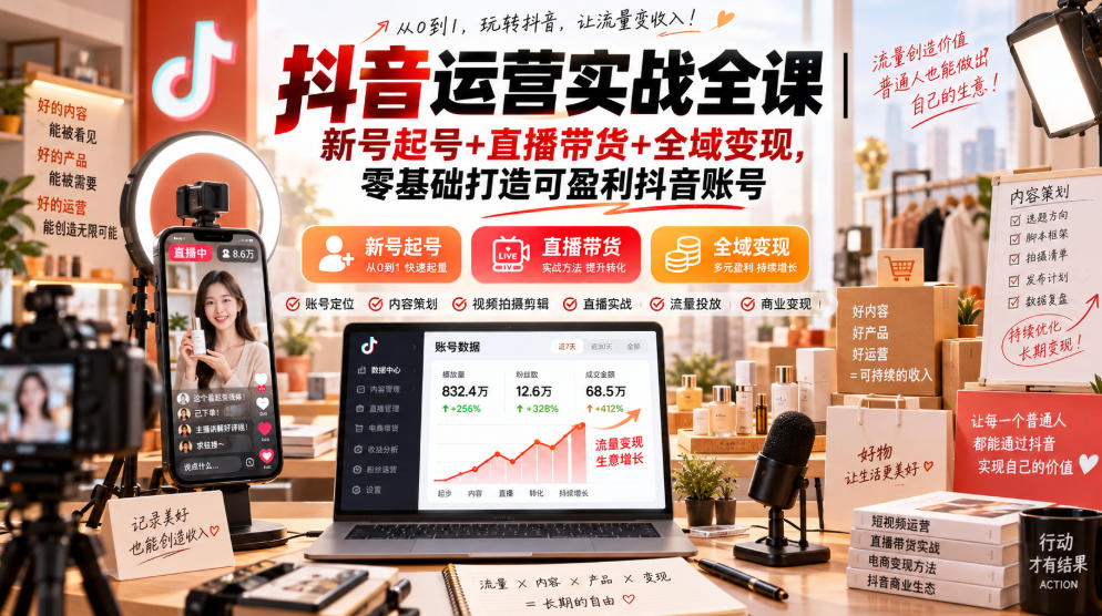 抖音运营实战全课｜新号起号+直播带货+全域变现，零基础打造可盈利抖音账号-UUY