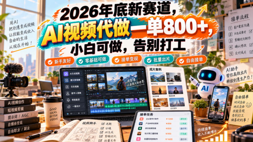 2026年底新赛道，AI视频代做一单800+，小白可做，告别打工-UUY