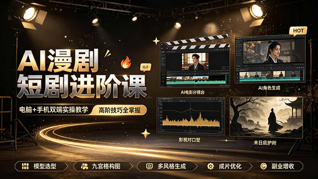 AI漫剧短剧进阶课｜电脑+手机双端实操教学｜影视剧对口型人物吃瓜×解压末日庇护所全程讲解，高阶技巧全掌握-UUY