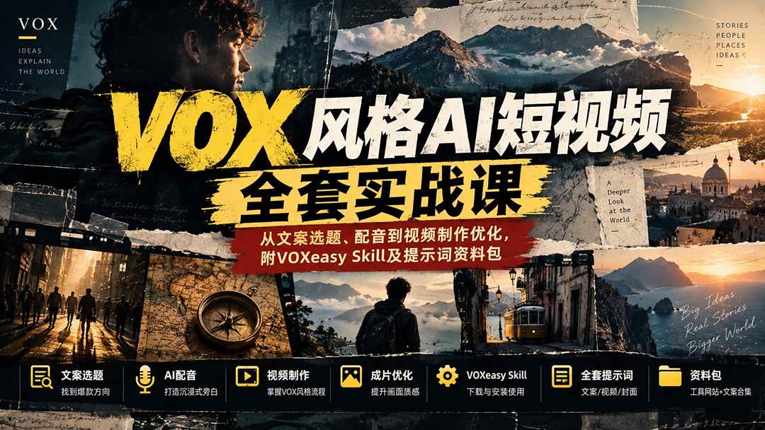 （20677期）【无水印】VOX风格AI短视频全套实战课：从文案选题、配音到视频制作优化，附VOXeasy Skill及提示词资料包-UUY