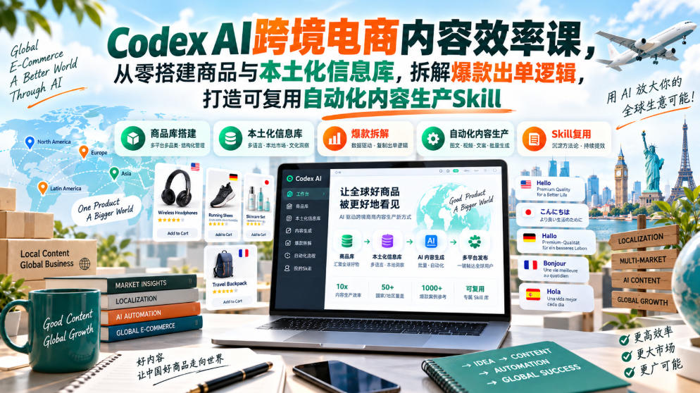 Codex AI跨境电商内容效率课，从零搭建商品与本土化信息库，拆解爆款出单逻辑，打造可复用自动化内容生产Skill-UUY
