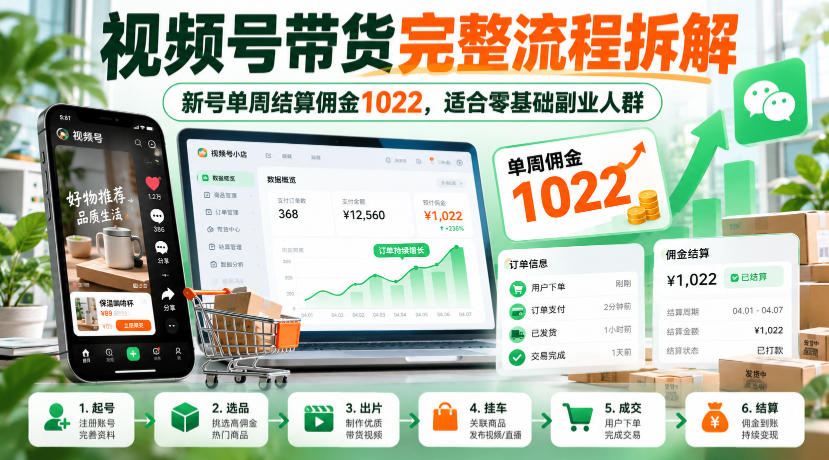 视频号带货完整流程拆解，新号单周结算佣金1022，适合零基础副业人群-UUY