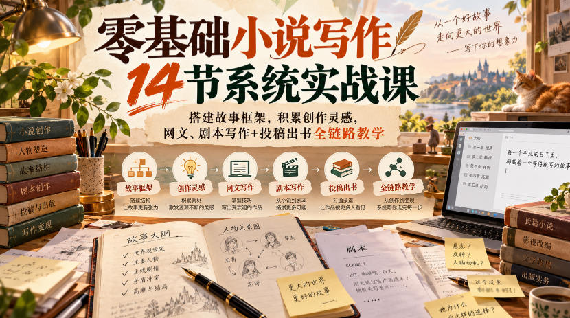 零基础小说写作14节系统实战课，搭建故事框架，积累创作灵感，网文、剧本写作+投稿出书全链路教学-UUY