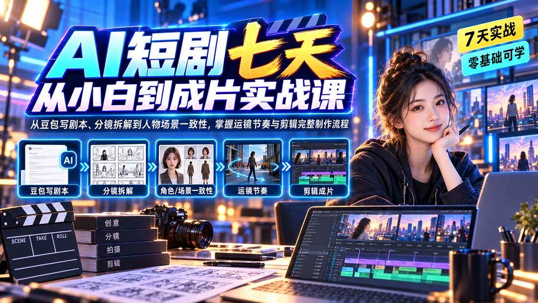 （20329期）AI短剧七天从小白到成片实战课：从豆包写剧本、分镜拆解到人物场景一致性，掌握运镜节奏与剪辑完整制作流程-UUY