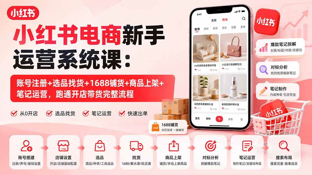 （20319期）小红书电商新手运营系统课：账号注册+选品找货+1688铺货+商品上架+笔记运营，跑通开店带货完整流程-UUY