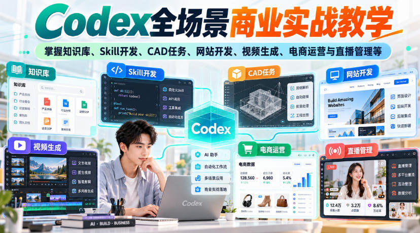 Codex全场景商业实战教学，掌握知识库、Skill开发、CAD任务、网站开发、视频生成、电商运营与直播管理等（更新1012）-UUY