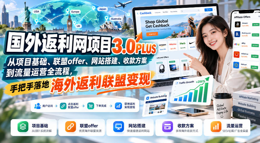 国外返利网项目3.0PLUS，从项目基础、联盟offer、网站搭建、收款方案到流量运营全流程，手把手落地海外返利联盟变现-UUY
