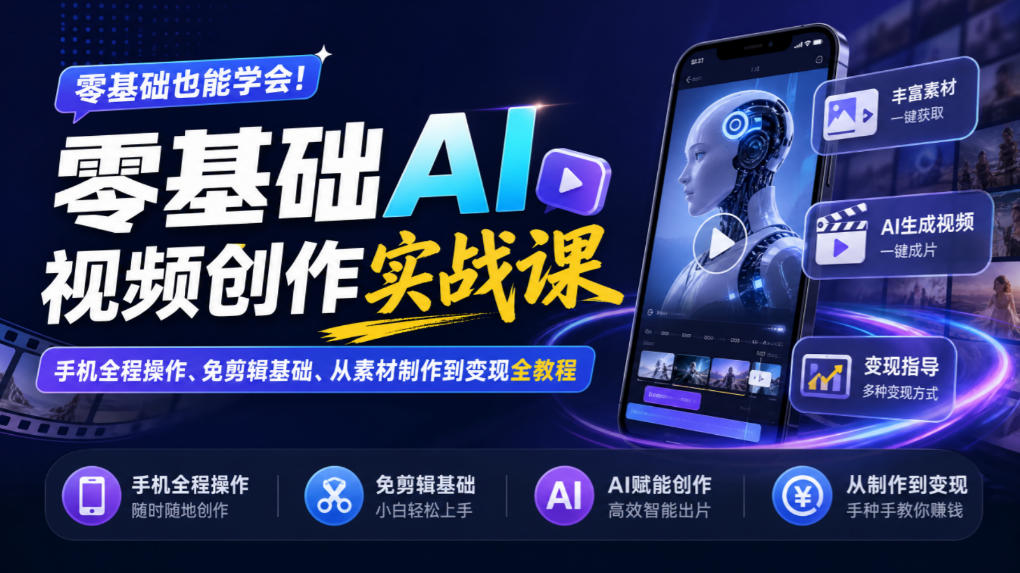 零基础AI视频创作实战课｜手机全程操作、免剪辑基础、从素材制作到变现全教程-UUY