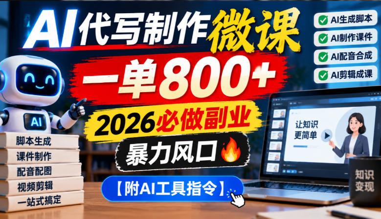 AI代写制作微课，一单800+，2026必做副业，暴力风口【附AI工具指令】【揭秘】-UUY