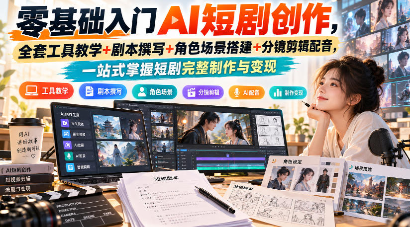 零基础入门AI短剧创作，全套工具教学+剧本撰写+角色场景搭建+分镜剪辑配音，一站式掌握短剧完整制作与变现-UUY