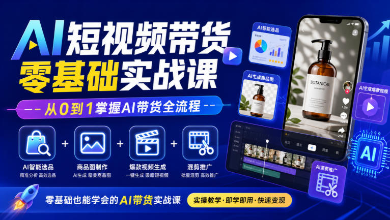 AI短视频带货零基础实战课｜AI智能选品+商品图制作+爆款视频生成+混剪推广，从0到1掌握AI带货全流程-UUY