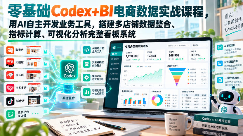 零基础Codex+BI电商数据实战课程，用AI自主开发业务工具，搭建多店铺数据整合、指标计算、可视化分析完整看板系统-UUY