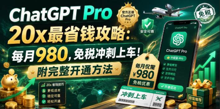 （18790期）ChatGPT Pro 20x 最省钱攻略：每月980，免税冲刺上车！附完整开通方法-UUY