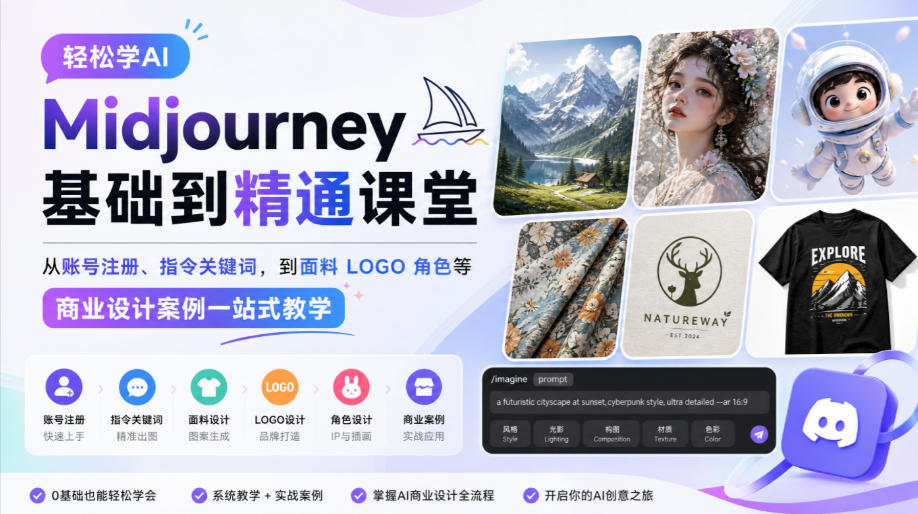 轻松学AI Midjourney基础到精通课堂，从账号注册、指令关键词，到面料LOGO角色等商业设计案例一站式教学-UUY