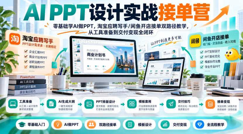 AI PPT设计实战接单营｜零基础学AI做PPT，淘宝应聘写手/闲鱼开店接单双路径教学，从工具准备到交付变现全闭环-UUY