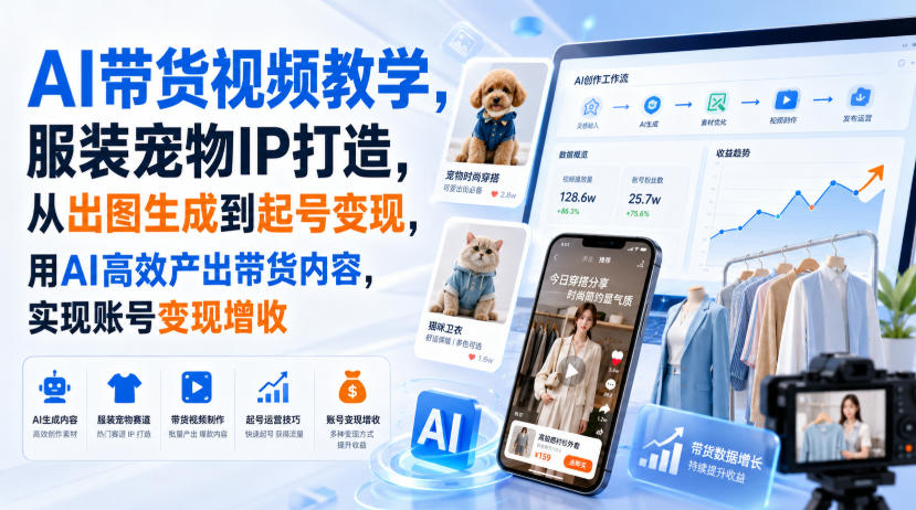AI带货视频教学，服装宠物IP打造，从出图生成到起号变现，用AI高效产出带货内容，实现账号变现增收-UUY
