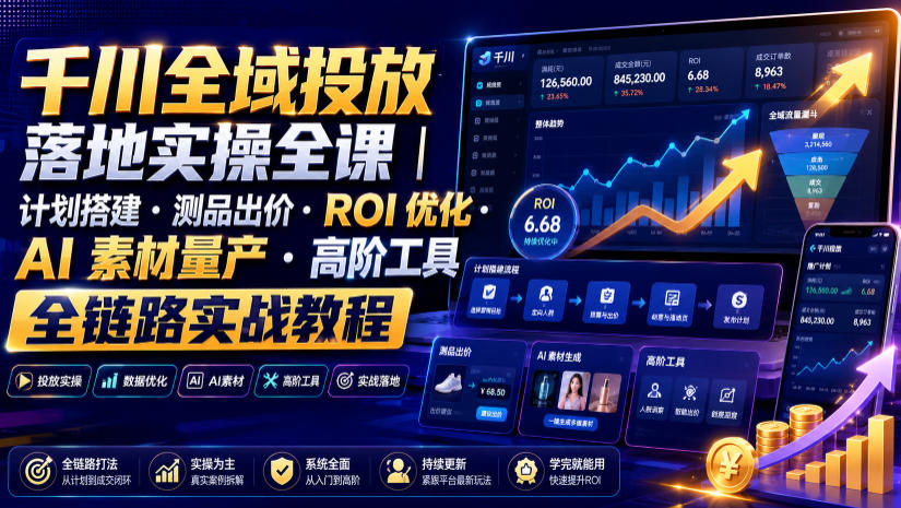 千川全域投放落地实操全课｜计划搭建・测品出价・ROI优化・AI素材量产・高阶工具全链路实战教程-UUY